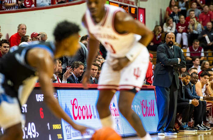 Indiana Head Coach Mike Woodson watches during the Indiana versus St. Francis men's basketball game at Simon Skjodt Assembly Hall on Thursday, Nov. 3, 2022.